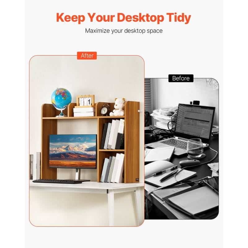 Particle Board Desktop Bookshelf Hutch with Anti-Slip Feet Pads, 2 Shelves - 37.2" L x 9.5" W x 28.9" H