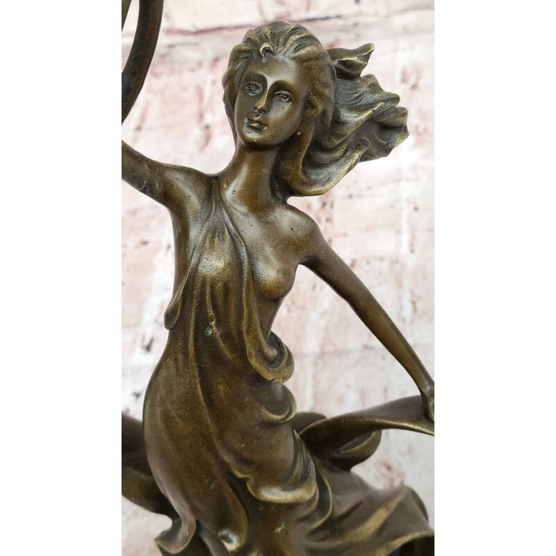 Art Nouveau Bronze Candle Holder Sculpture – Elegant Woman With Flowing Dress On Marble Base