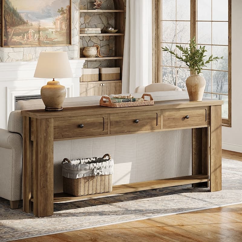 70.9 Inch Long Console Table with 3 Drawers and Storage Shelves, Farmhouse Rectangular Sofa Table Behind the Couch