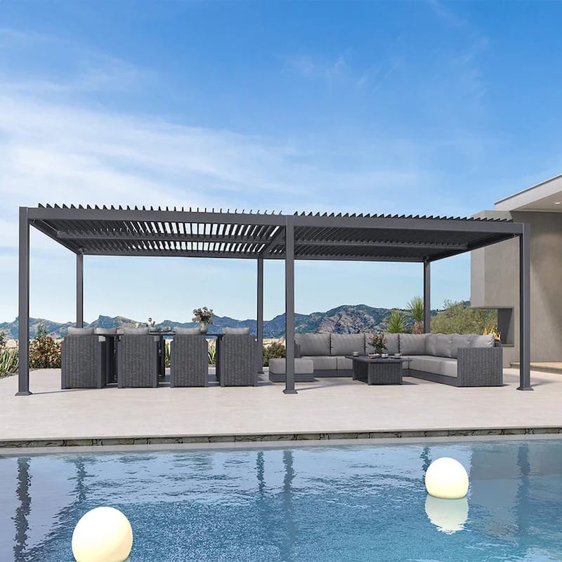 PURPLE LEAF Louvered Pergola Sun Shade Shelter with Adjustable Metal Roof for Patio Hardtop Pergola - 13' x 25' - Grey