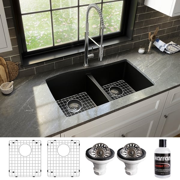 slide 2 of 66, Karran Undermount Quartz 33 in. 50/50 Double Bowl Kitchen Sink Kit