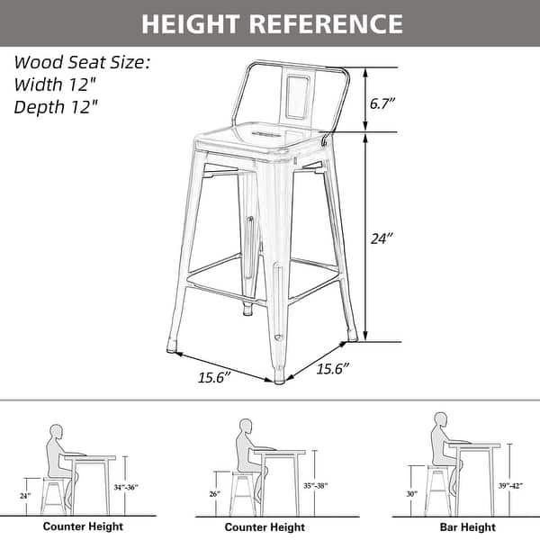 dimension image slide 7 of 8, Metal Bar Stools Set of 4,Bar Stool with Low Back for Indoor/Outdoor Barstools