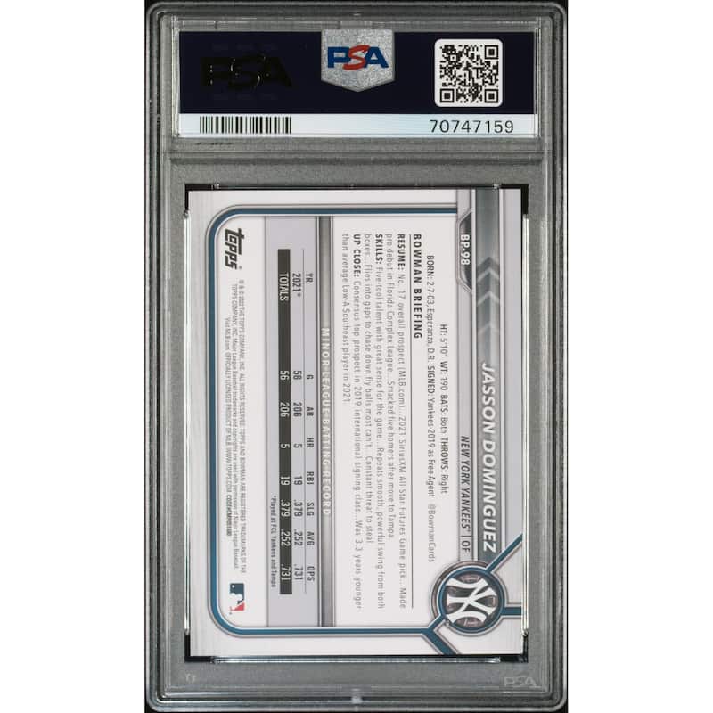 Jasson Dominguez 2022 Bowman Paper Prospects Rookie Card #BP98 Graded PSA 10 - 8'6" x 11'6"