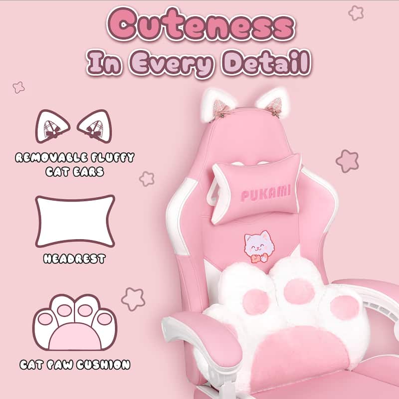 BOSSIN Gaming Chair with Cat Ears and Cat Paw Cushion Pillow,Cute Kawaii Reclining Computer Chair for Girl with Footrest