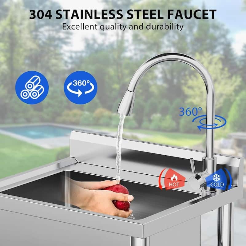 Freestanding Single Trough Stainless Steel Sink with Faucet 24 x 20 x 41 Inch - 24 x 20 x 41 Inch