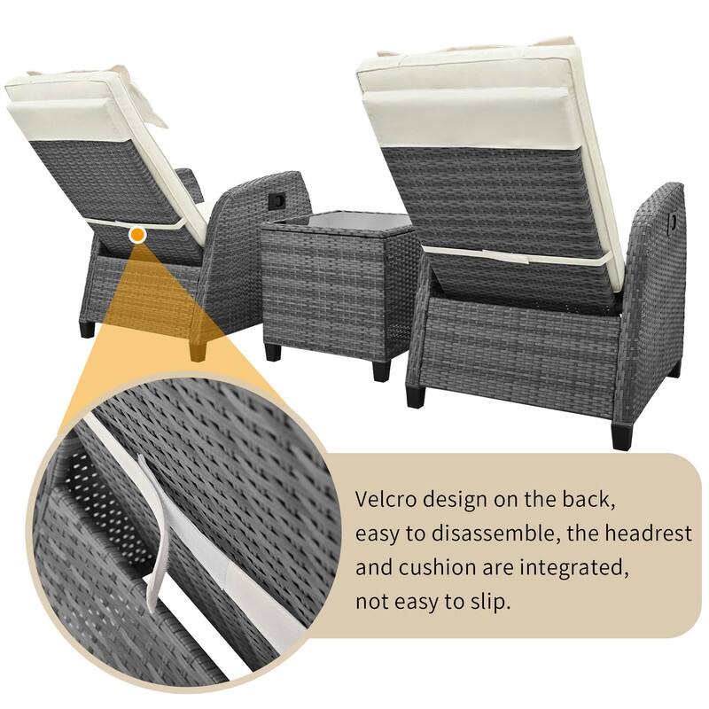 3 Pcs Patio Furniture Set, Patio Recliner Chairs Set of 2, Patio Conversation Set w/ Side Table, Outdoor Rattan Reclining Chairs