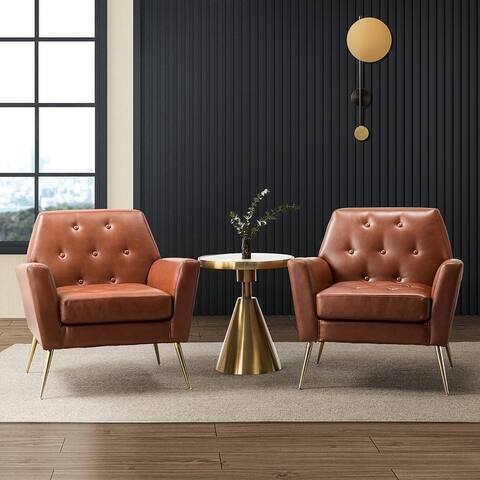 Lilia Classic Leather Button-Tufted Arm Chair with Gold Metal Legs Set of 2 by HULALA HOME