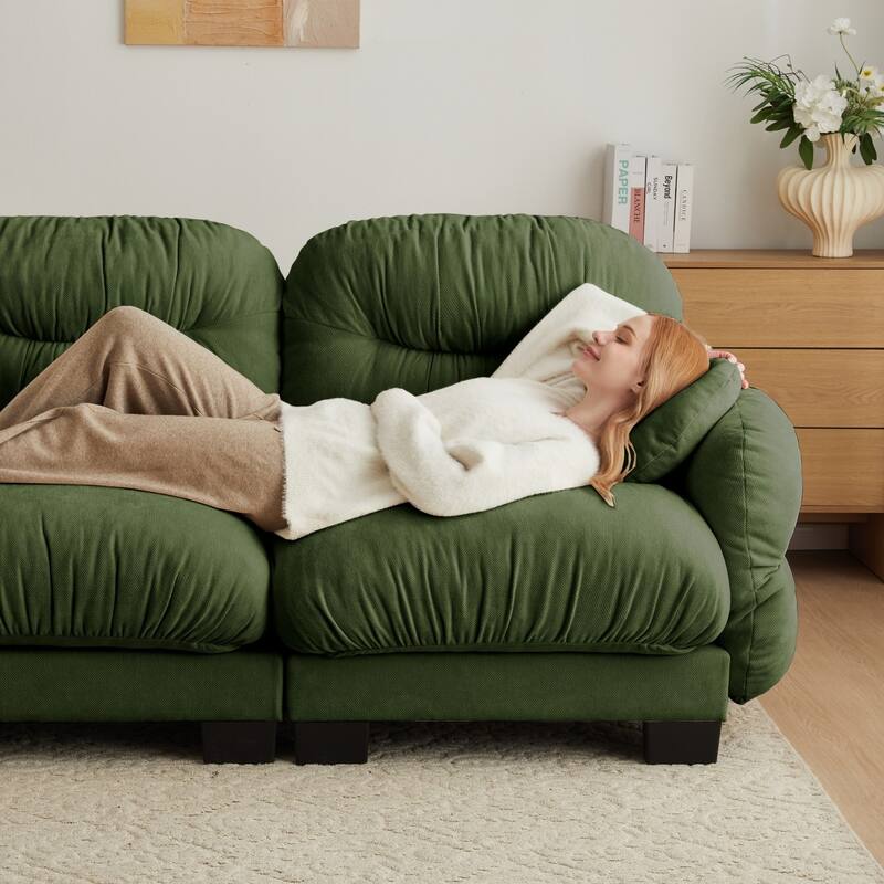 116" Chenille Pleated Design Sectional Sofa with Ottoman and 2 Round Pillows