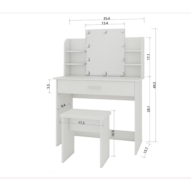Modern One-Drawer Vanity Table with Adjustable Mirror, Stool & Storage Shelves, Compact Makeup Desk for Small Bedrooms