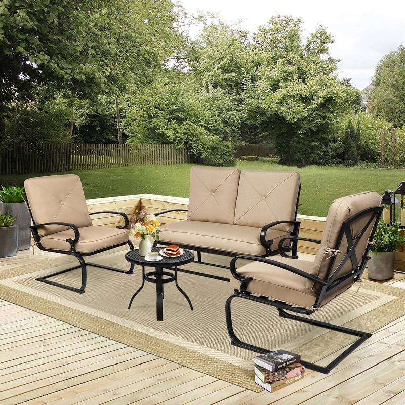 4-Piece Outdoor Patio Glider Loveseat and Rocker Conversation Set with Cushions