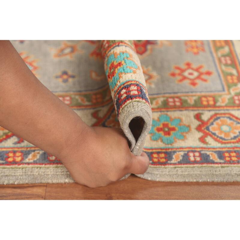 Geometric Kazak Foyer Rug Handmade Grey Wool Carpet - 2'8" x 4'0"