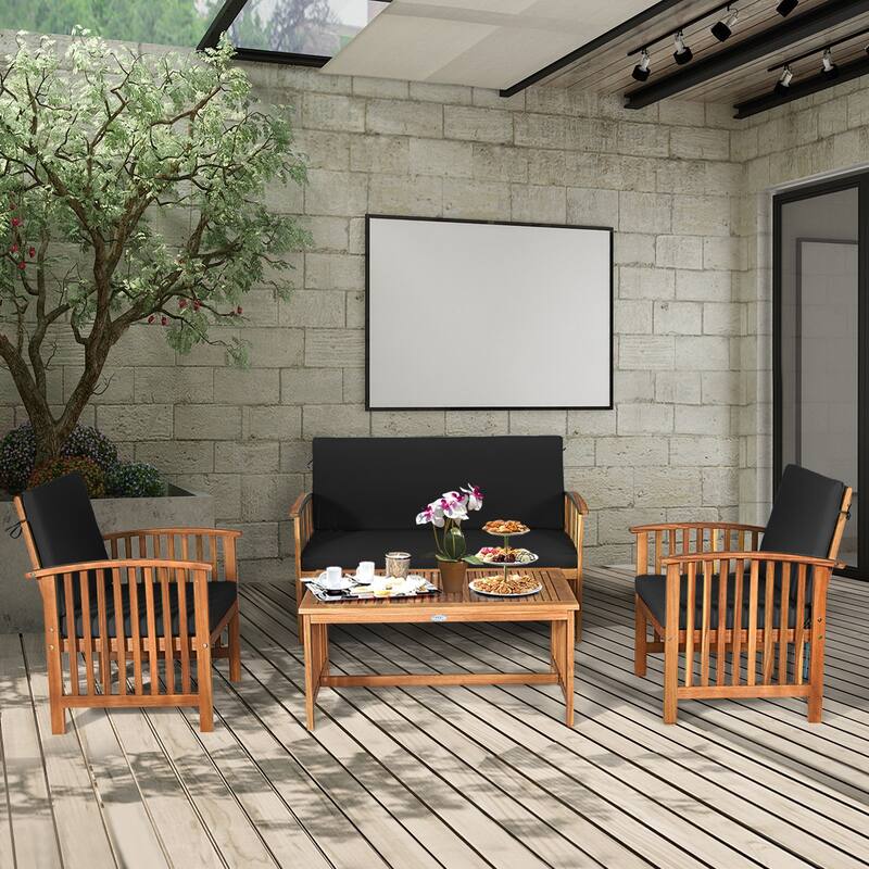 Costway 4PCS Patio Solid Wood Furniture Set Conversation Coffee Table - 4-Piece Sets - Black