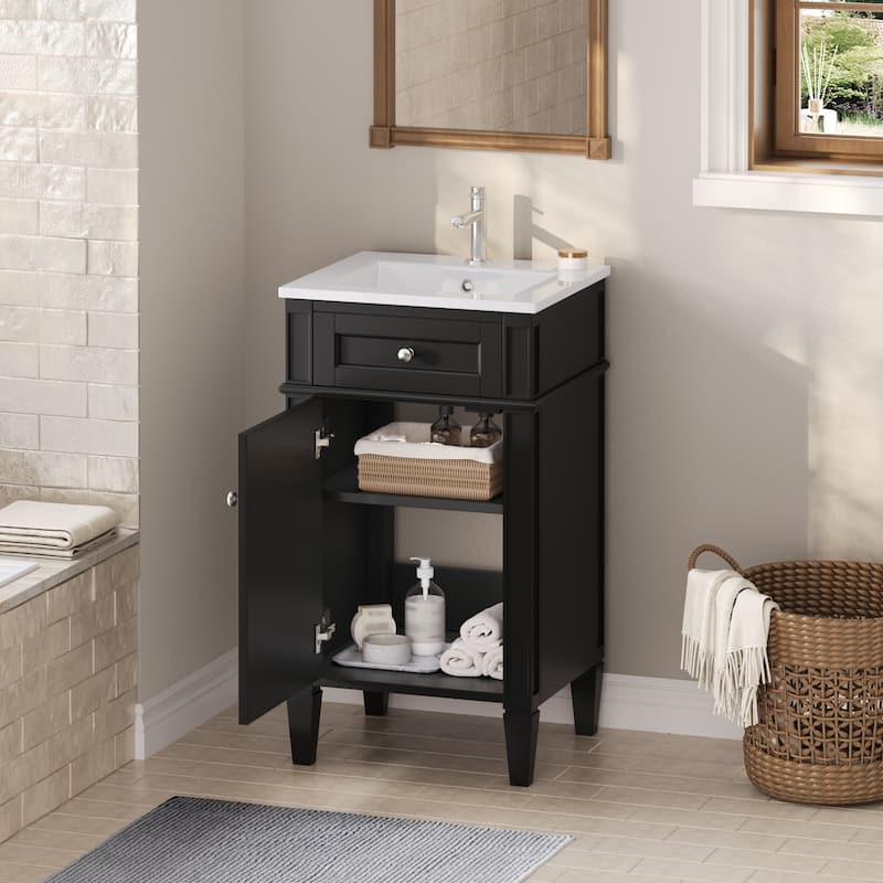 18" Freestanding Single Bathroom Vanity with Ceramic Sink, French Style Cabinet with Soft Close Door