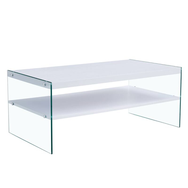 Double Layered Rectangular Coffee Table, Made Of MDF With Wooden Stickers, With Transparent Tempered Glass On Both Side