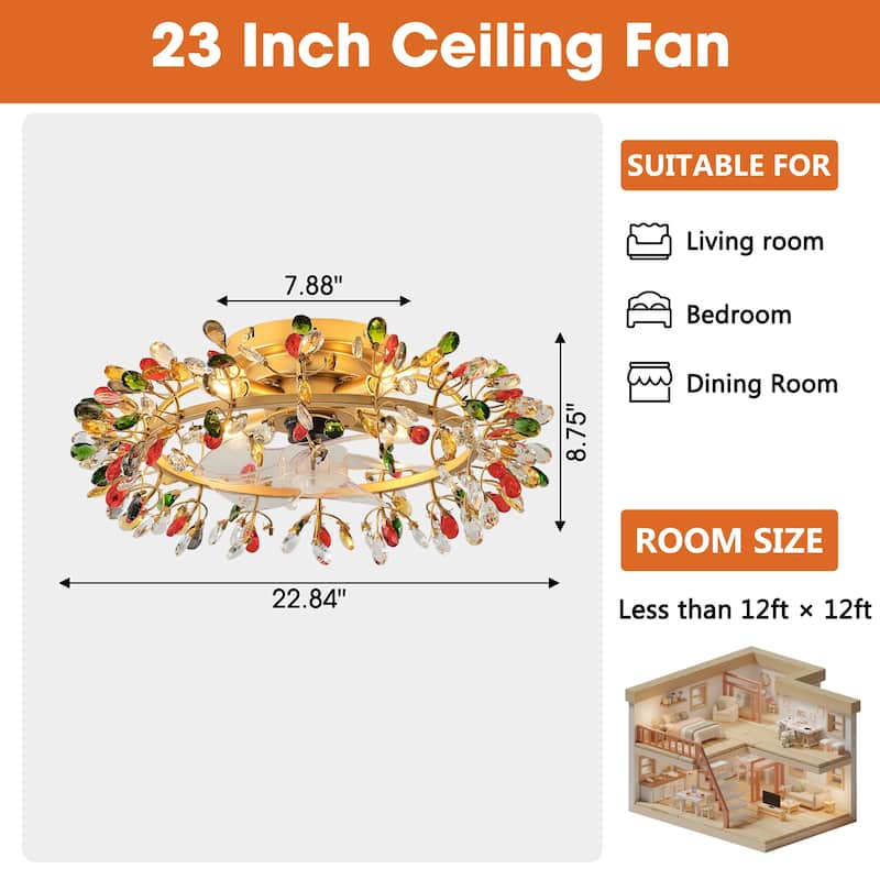 23" Modern Gold 4-Light Crystal Low-Profile Flush Mount Ceiling Fan with Remote