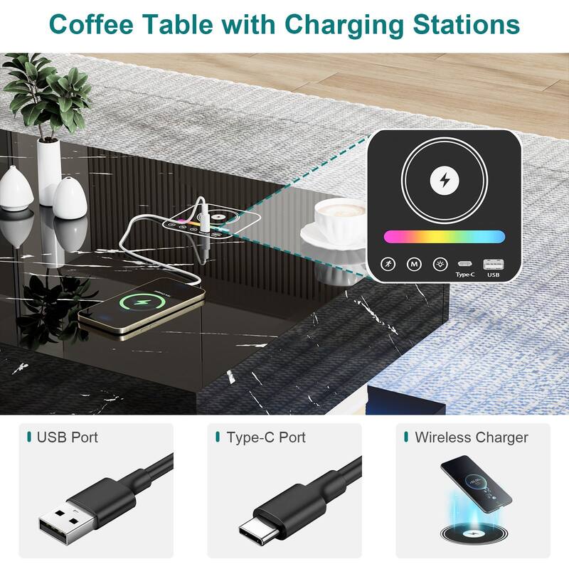 Smart LED Coffee Table 47.2" with Bluetooth Speaker & Wireless Charging, Modern White Marble Center Table