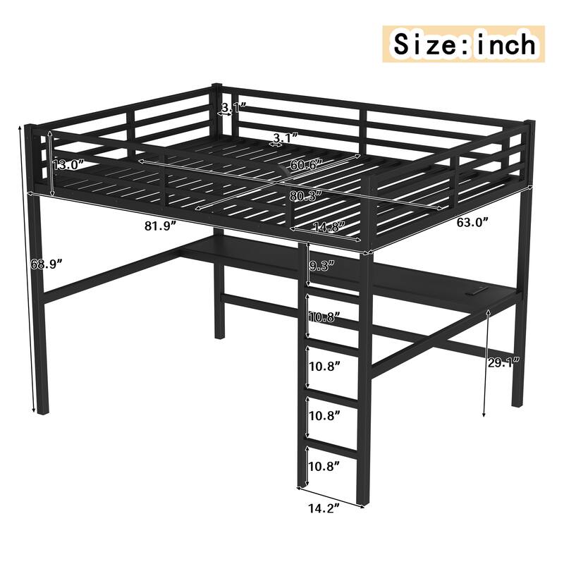 Queen Size Loft Bed with Power Outlet & LED Lights - Metal Frame - Space-Saving Loft Bed for Small Rooms