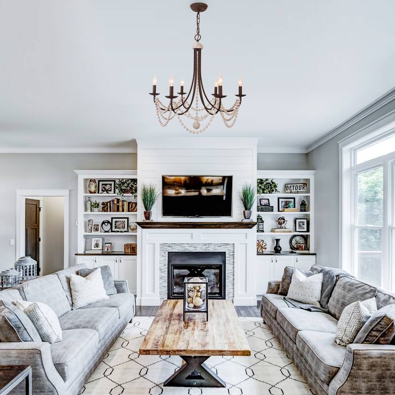 Oaks Aura Mid-Century 6-Light Wood Ceiling Light, Swing Arms French Country Boho Wood Beaded Chandelier
