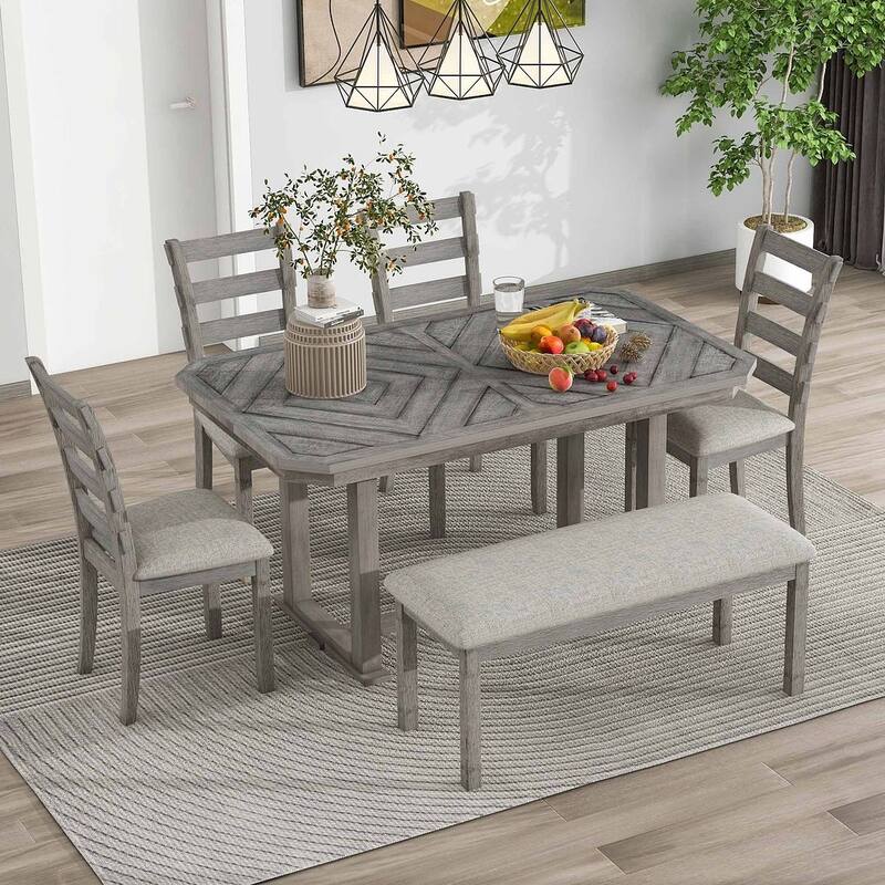 Farmhouse 6-Piece Dining Set, 60" Rectangular Dining Table with 4 Upholstered Dining Chairs and Bench - Grey