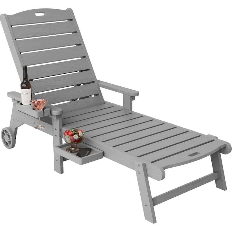 WINSOON HIPS All-Weather Outdoor 5-Position Adjustable Backrest Lounge Chair with Wheels, Cup Holder and Table - Grey