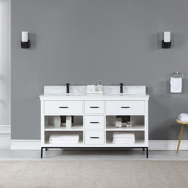 slide 2 of 24, Altair Kesia Bathroom Vanity with White Composite Stone Top without Mirror 60 inch. - White + Matte Black Hardware