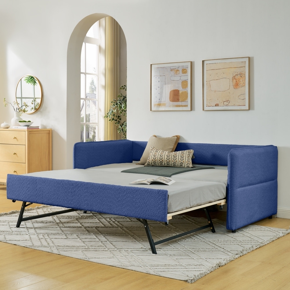 Boucle Fabric Daybed with Pop-up Trundle Upholstered Tufted Sofa Bed