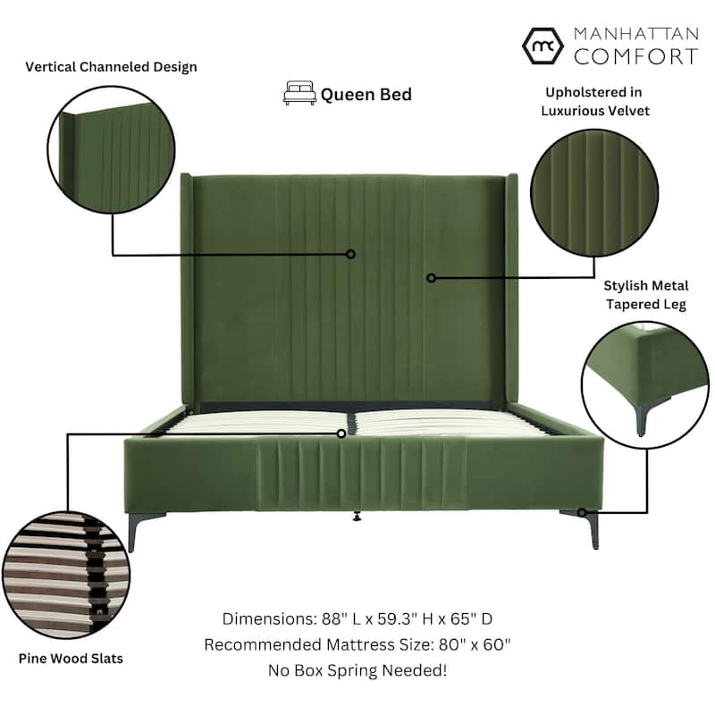 Manhattan Comfort Promenade Mid-Century Modern Velvet Upholstered Bed