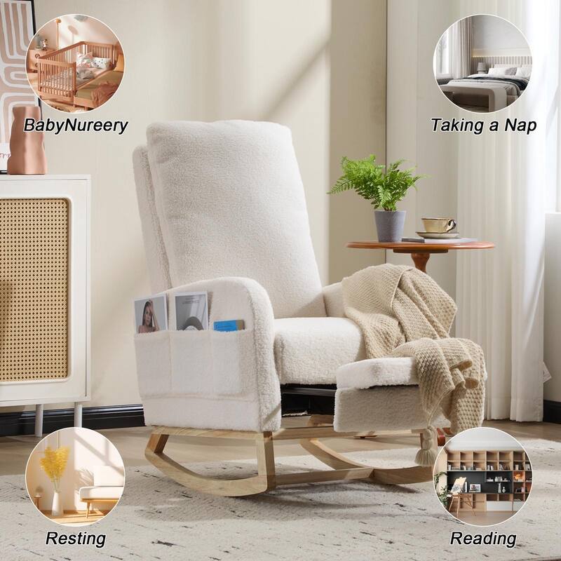 Modern Accent Rocking Chair Rocking Chair with Solid Wood Legs, Upholstered Nursery Glider Rocker Side Pocket and Footrest