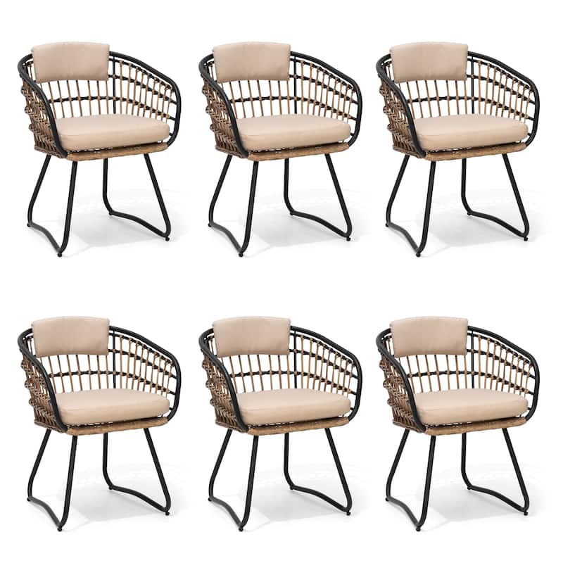 Outdoor Patio Wicker Dining Chairs PE Rattan Seating Set with Cushion - Beige - Set of 6