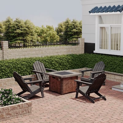 34.5 in. 5-Piece Metal Patio Fire Pit Set, Fire Pit Table and Adirondack Chairs with Cup Holder and Umbrella Holder