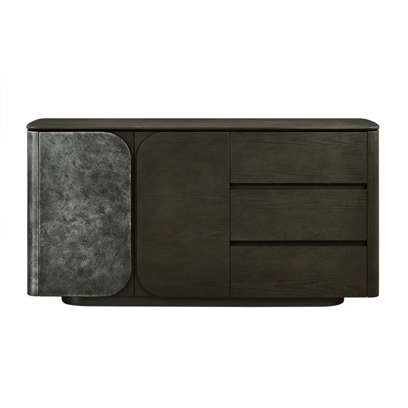 Spruce & Spring Modern Scandinavian Luxury Ash Wood Sideboard with Metallic Accent, Dark Brown Storage Buffet Cabinet