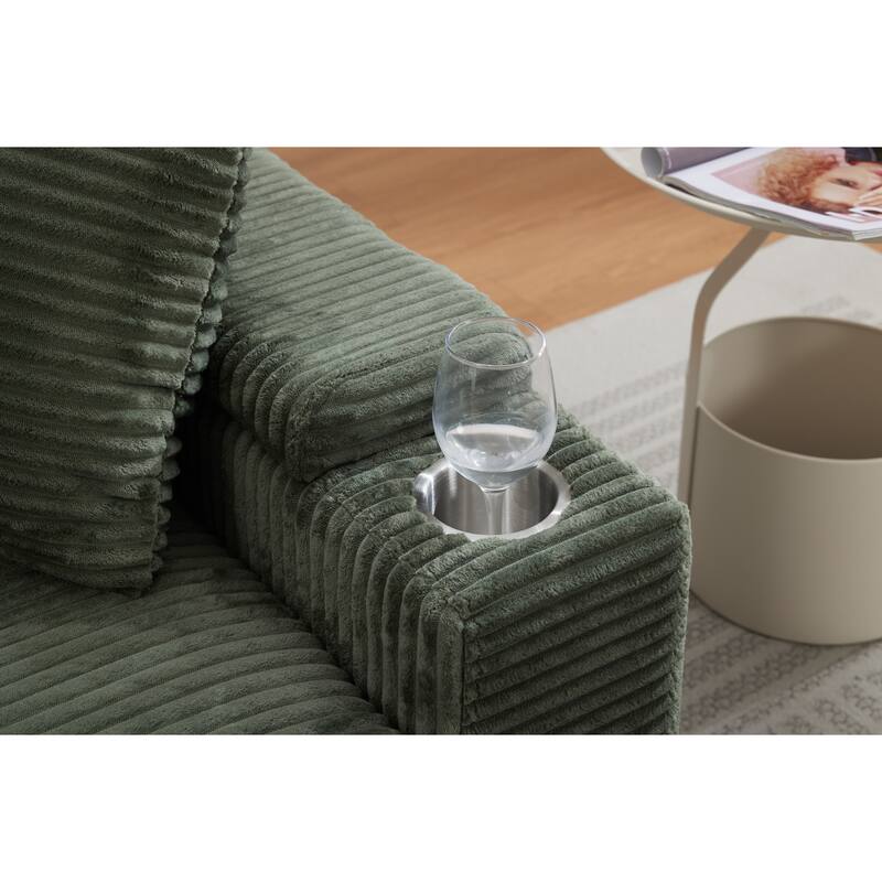 Corduroy Sofa Sets with Ottoman, Handrail Storage and Cup Holders