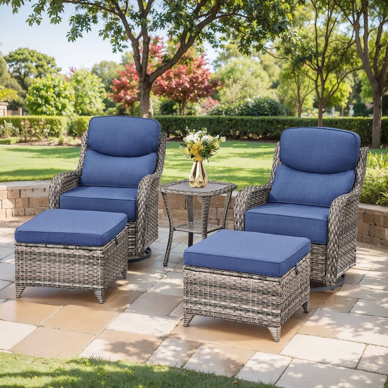 Outdoor Swivel Chairs with 6-Inch Thick Cushions for Garden - Grey Wicker Blue Cushion - 5PCS Swivel Chair w/ Table Ottoman
