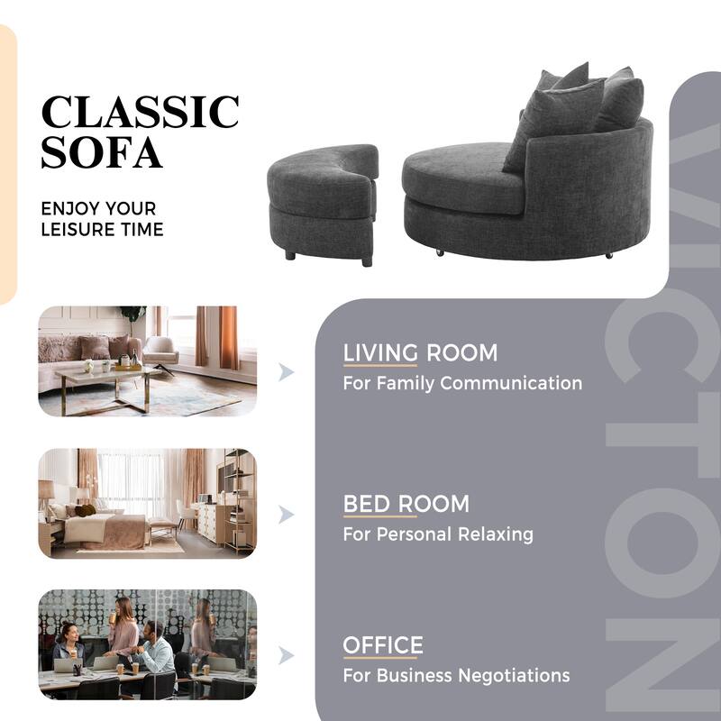 Roomfitters Modern 360° Swivel Barrel Chair with Hidden Storage Ottoman, Chenille Upholstery and Four Pillows