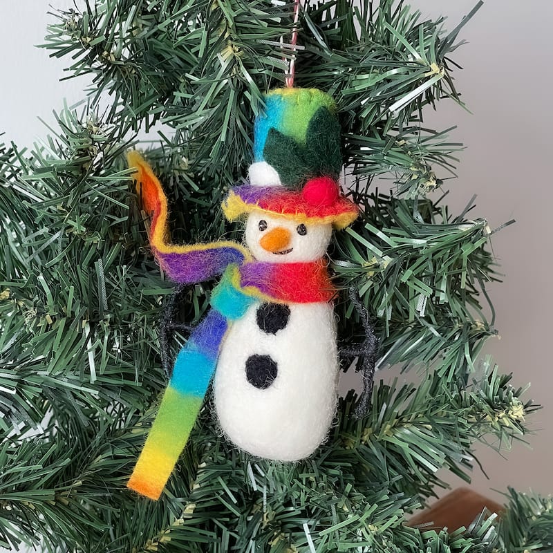 Snowman and Rainbow Heart Handmade Felt Ornaments, Set of 2