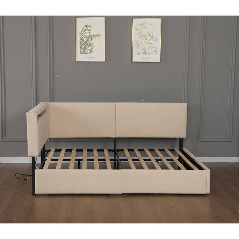 Full/Twin Size Boucle Upholstered Cloud Bed Frame with Headboard, Solid Wood Legs - No Box Spring Needed