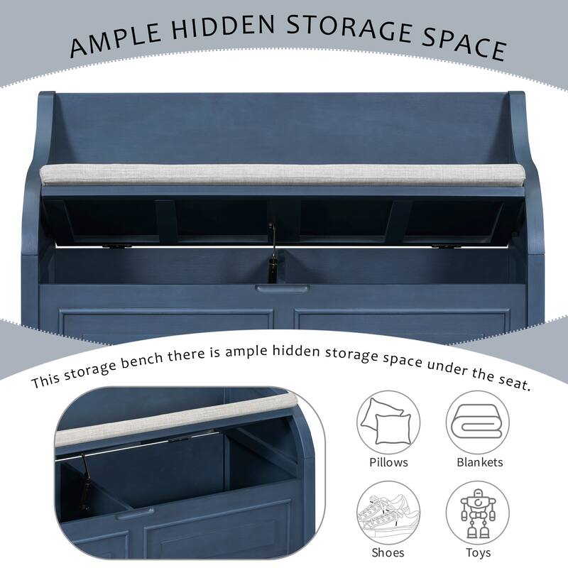 Rustic Charm Entryway Bench Solid Wood Storage with Safety Hinge