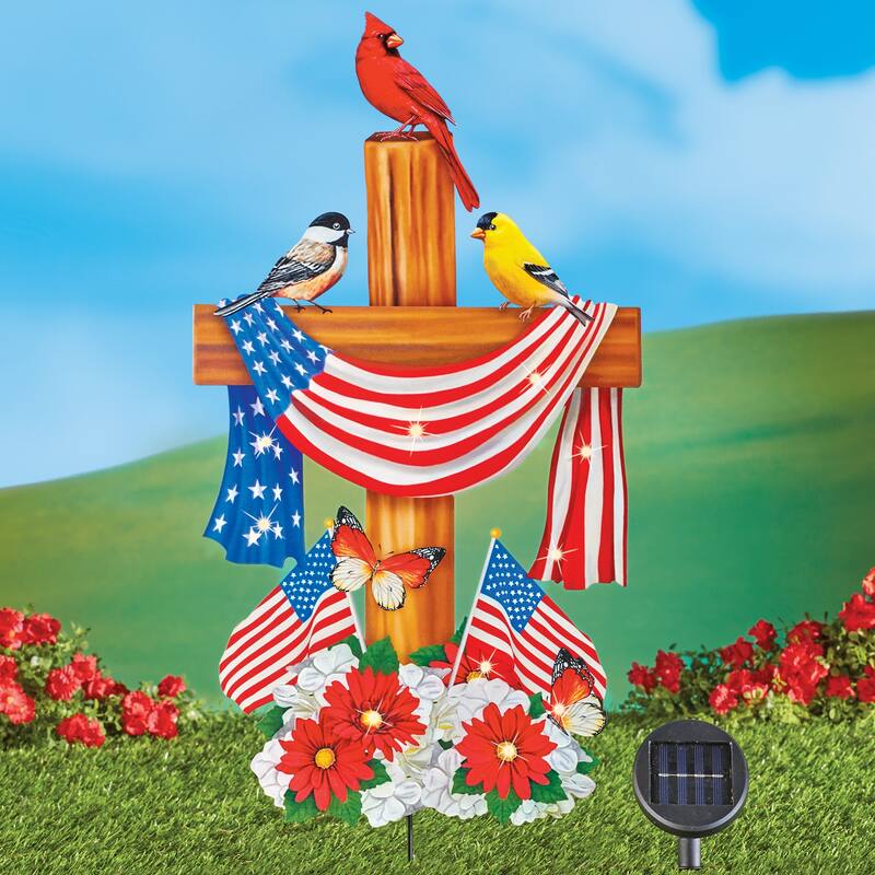 LED Lighted Patriotic Birds on a Cross Garden Stake - 11.75 x 26.75 x 0.25 - Red - 11.75 x 26.75 x 0.25 - Metal