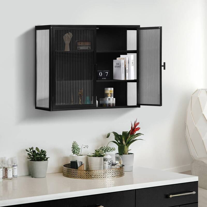 27.56"Glass Doors Modern Two-door Wall Cabinet with Featuring Three-tier Storage,Black