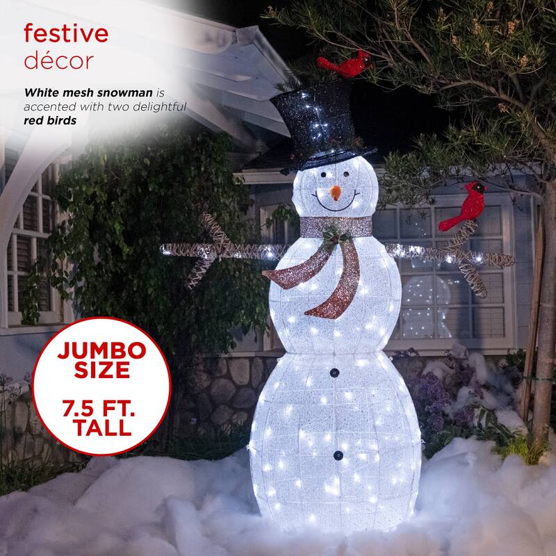 Alpine Corporation Mesh Snowman Decoration with Bird Accents and LED Lights - White
