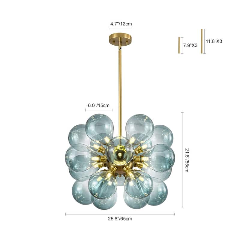 18-Light Cluster Blue Glass Bubble Chandelier - 25in Wide Gold