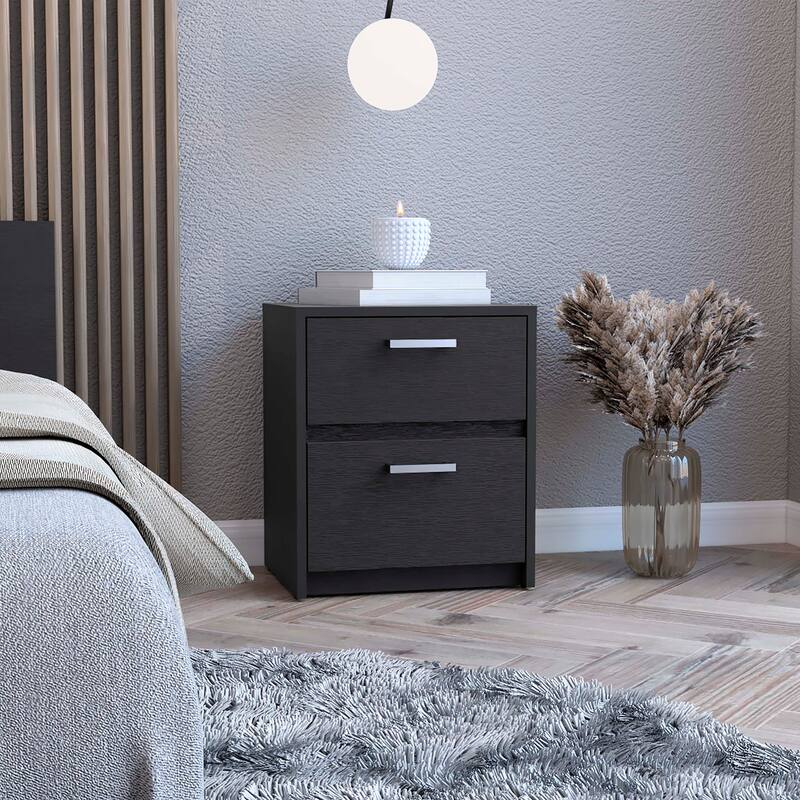 2-Drawer Nightstand with Metal Handles, Black - Black