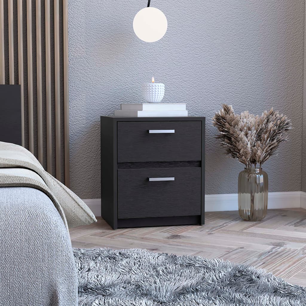2-Drawer Nightstand with Metal Handles, Black