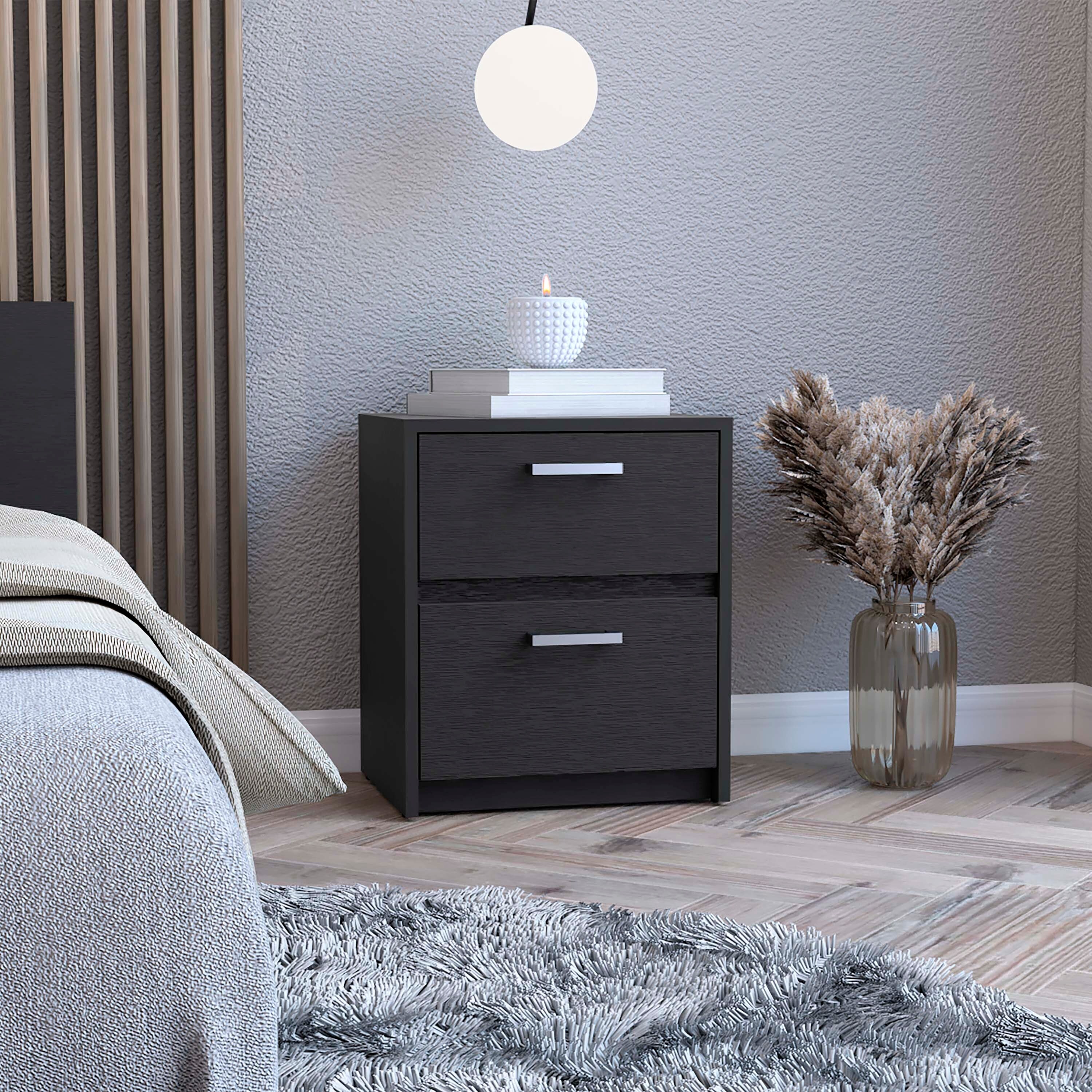 Trivor 2 Drawers Nightstand Metal Handles Black Bed Bath