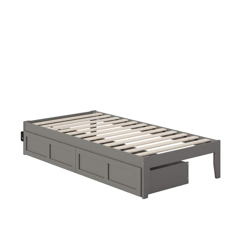 Twin Bed with USB Charger & Drawers - Grey Storage Bed Frame - 76" x 38" - Strong Slat Kit Included