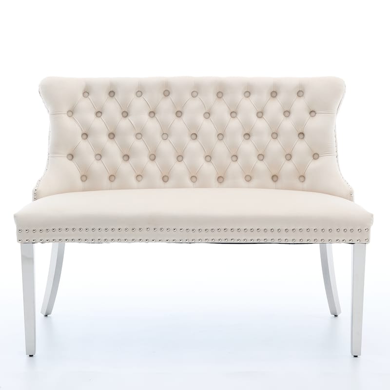 Roomfitters Upholstered Loveseat Bench with Nailhead Trim and Silver Legs, Modern High Back Settee for Dining Room