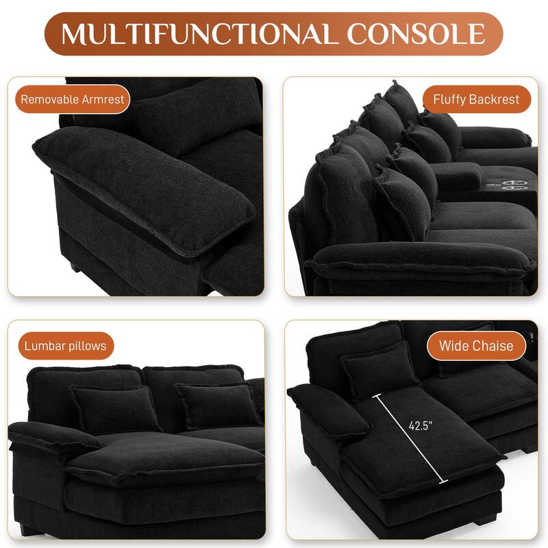 U-shaped Sectional Sofa Chenille Fabric Doudle Layer Cushion with USB Central Console