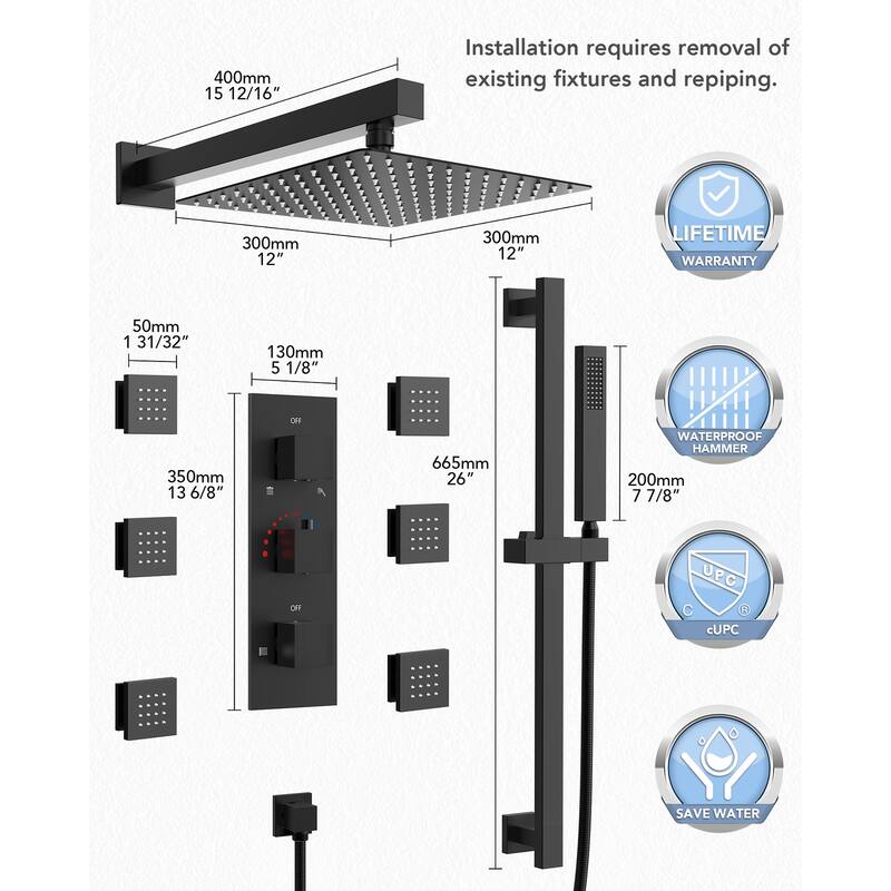 Thermostatic Shower System 12" High-Pressure Rainfall Shower Head with Slide Bar Hand Shower
