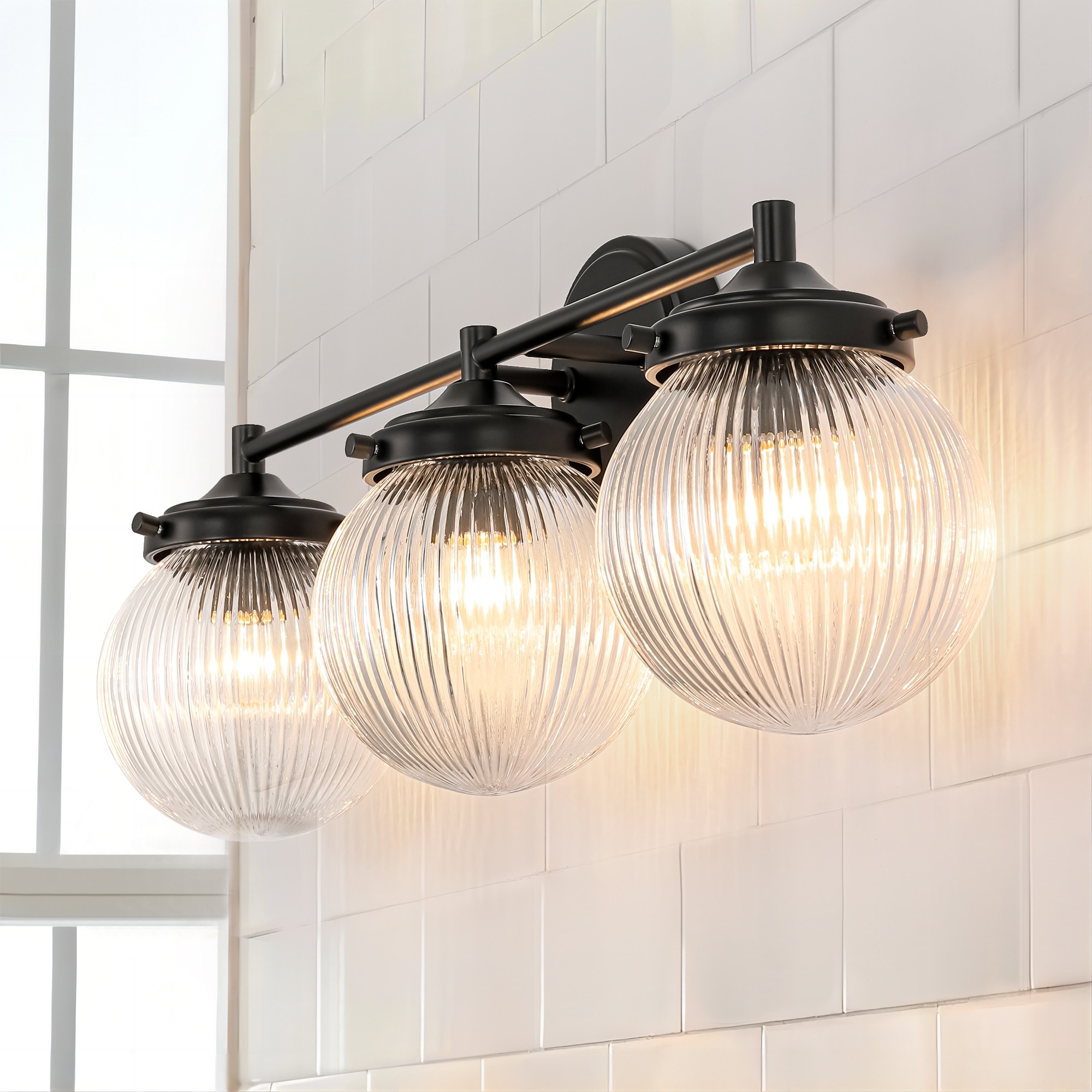 Rennnsan 3-Light Modern Linear Ribbed Clear Glass Globe Bubble Bathroom Vanity Light over Mirror