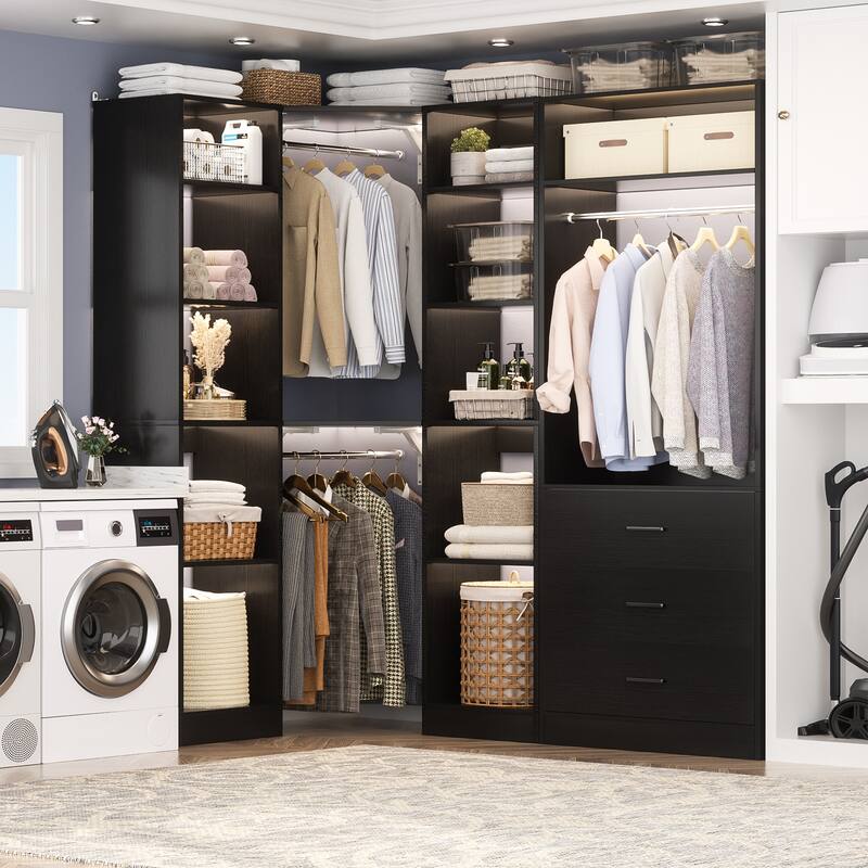 Kyrvo 63.2'' W Set of 2 Freestanding Corner Closet System with 3 Wood Drawers and 3 Hanging Rods for Walk-in/Reach-in Closet - Black